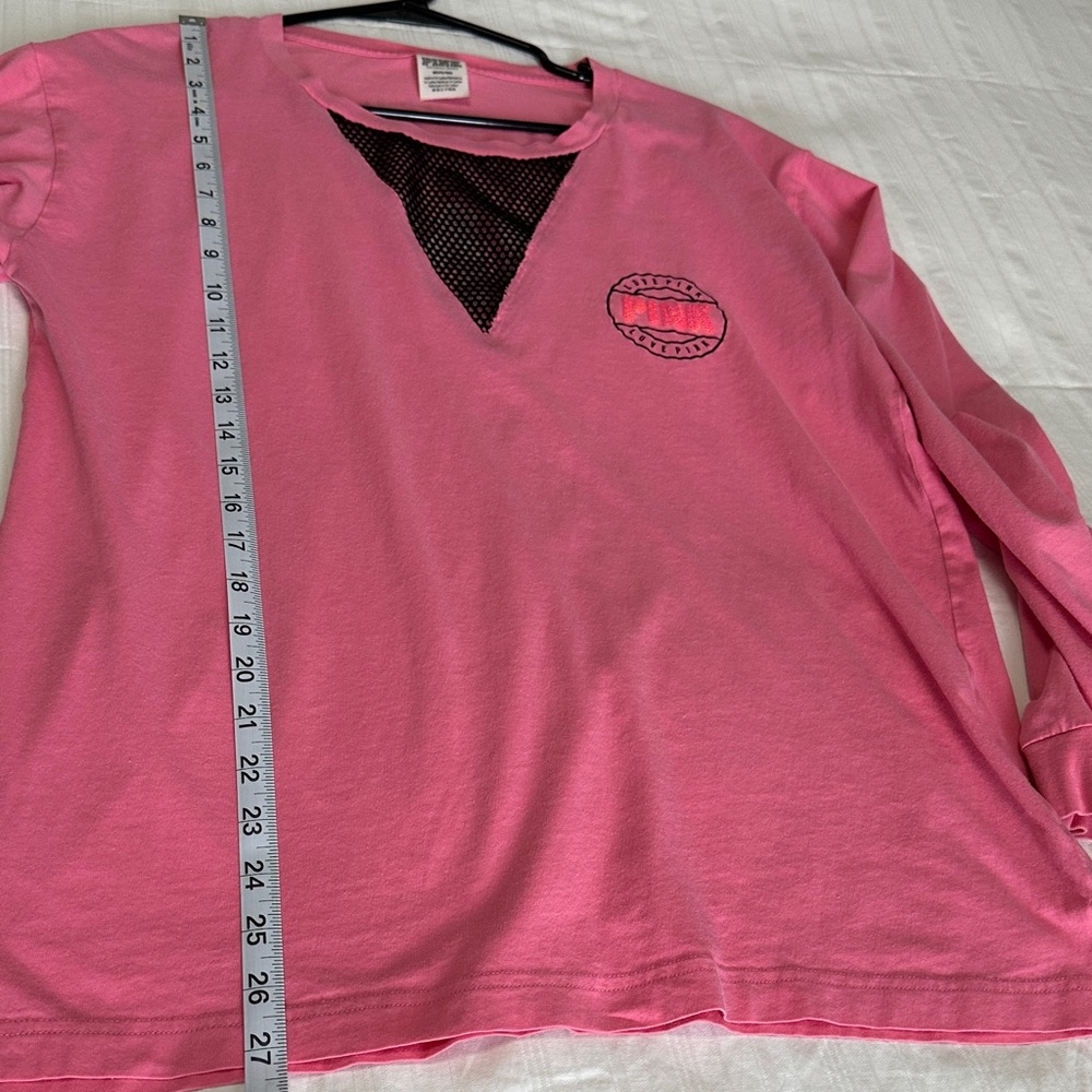 PINK Victoria's Secret Pink Long Sleeve Tee Black Mesh Detail Medium Oversized - Picture 8 of 13